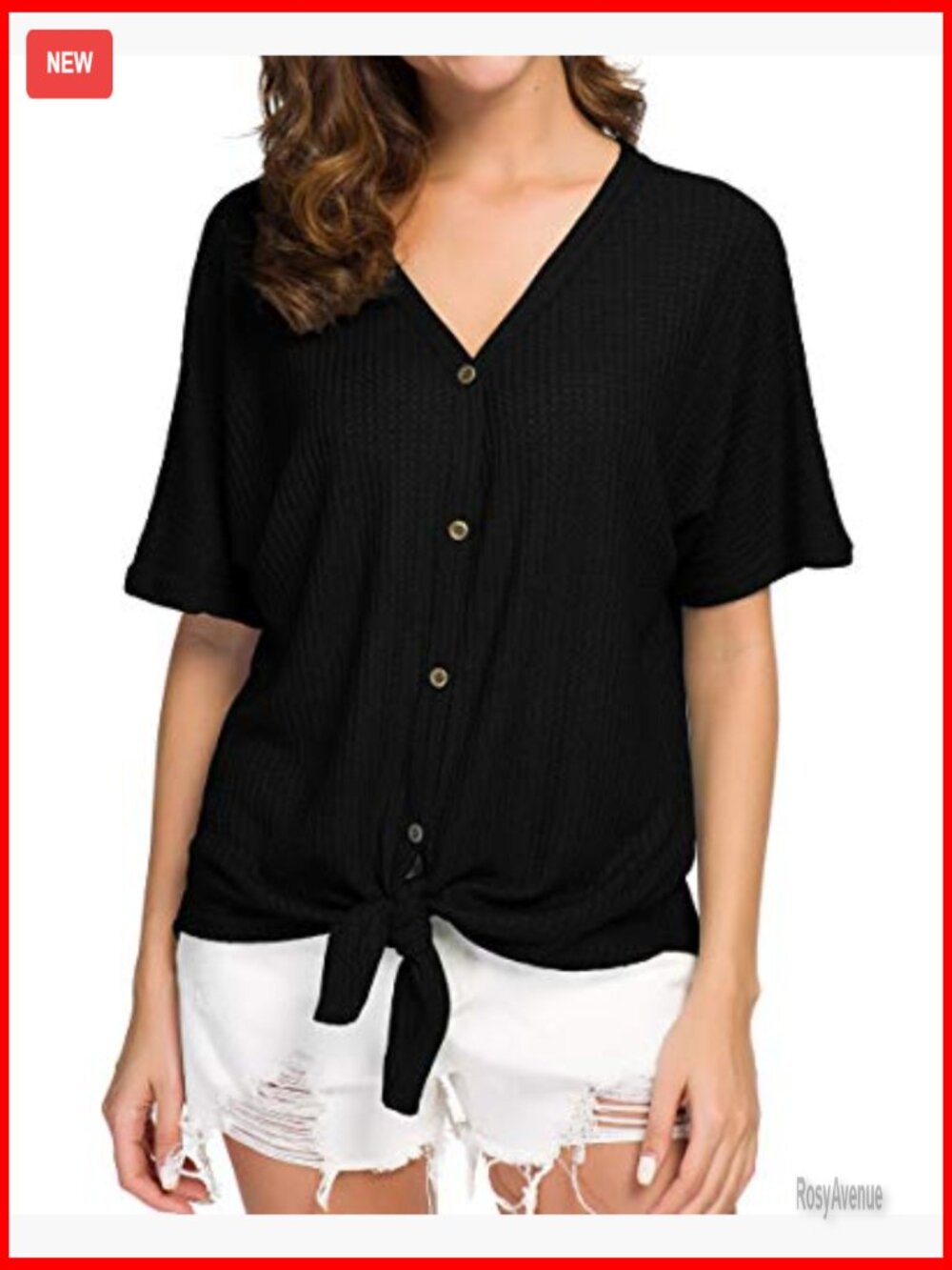 Waffle Knit Tunic Blouse Tie Knot Short Sleeve Henley Tops Loose Fitting Bat - Picture 2 of 5
